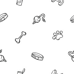 Simple black and white seamless pattern with dog paw, bone, collar and ball. Vector background for the design of pet stores, veterinary clinics and pet products. Design for wrapping paper, print
