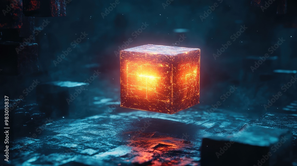 Poster a glowing 3d cube grid floating in a dark, futuristic space.