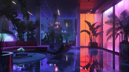 Mesmerizing Tropical Luxury Hotel Poolside at Futuristic Night City Skyline