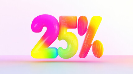 Naklejka premium A vividly colored 3D number rendering displaying 25 percent, featuring a vibrant gradient of bright neon colors blending seamlessly together on a soft background.