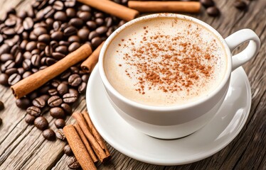 Fototapeta premium A cozy cup of coffee topped with cinnamon, surrounded by roasted beans and cinnamon sticks on a rustic wooden table.