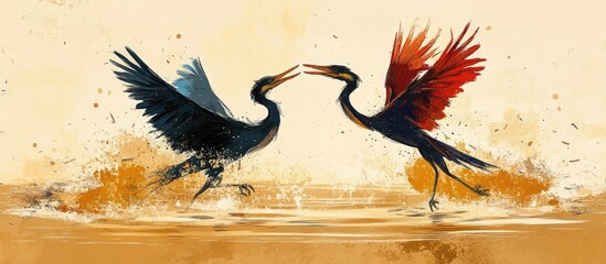 African darter engaging in a struggle with another darter in the water during a confrontation