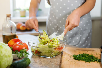 Closeup female hands mix vegetables in glass bowl. Woman cooks healthy food in kitchen with vegetables for breakfast or lunch.