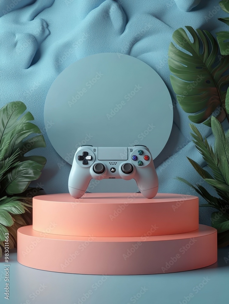 Poster video game setup with a console and controllers in 3d rendered minimalist style with empty circle po