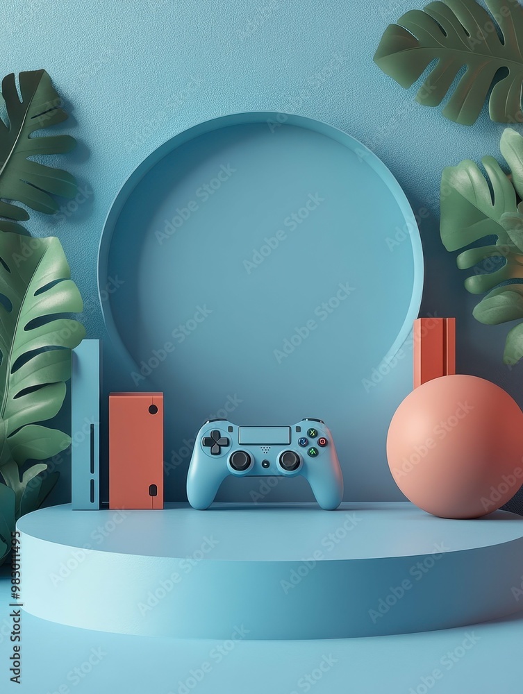 Poster video game setup with a console and controllers in 3d rendered minimalist style with empty circle po