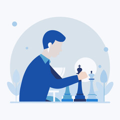 A man is playing chess with a white king. He is wearing a blue shirt and tie. The chess board is on a table