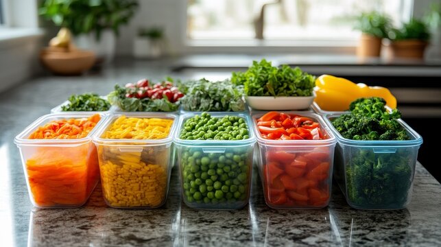 A colorful array of prepped vegetables in containers, showcasing healthy meal prep and organization in a modern kitchen setting