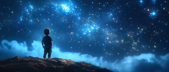 Fototapeta premium A child stands on a hill, gazing up at a breathtaking, star-filled night sky, surrounded by ethereal clouds and the wonders of the universe