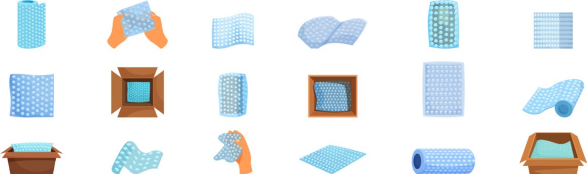 Bubble wrap package icons set. Set of bubble wraps in different positions, protecting goods inside cardboard boxes or simply displayed, ready to be used