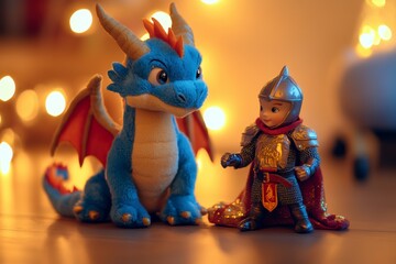 Naklejka premium A vibrant plush dragon and a knight figurine stand side by side, surrounded by soft, warm lights, creating a whimsical and enchanting scene
