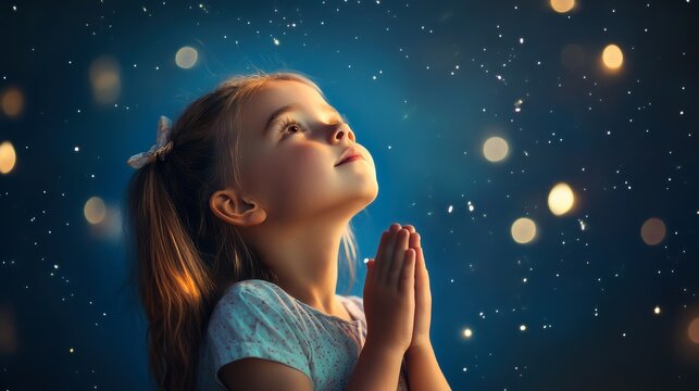 A young girl with clasped hands looks hopefully at the night sky filled with glowing lights, symbolizing dreams or prayers