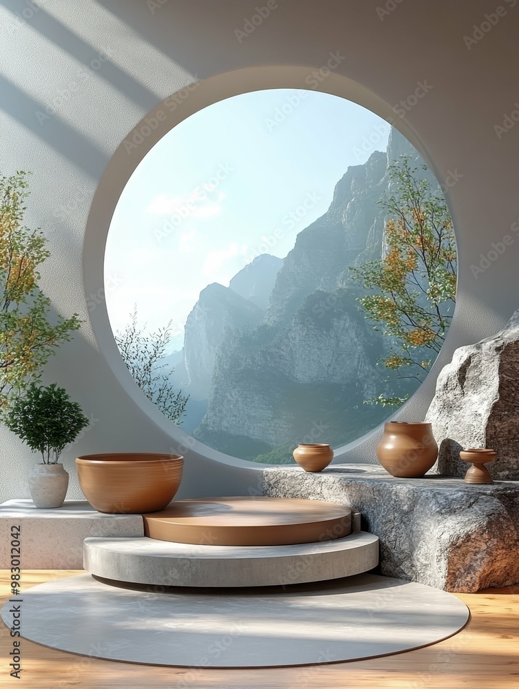 Poster a pottery wheel and clay in a craft studio in 3d rendered minimalist style with empty circle podium