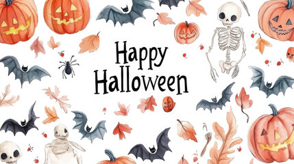 A collage styled Halloween image with elements like skeletons, pumpkins, bats, autumn leaves, and spiders, all surrounding a central Happy Halloween greeting message.
