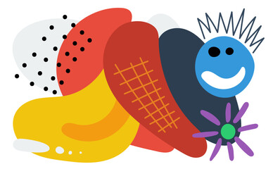 Abstract surreal biomorphic naive graphic shapes collage banner. Modern trendy flowing biomorphic weird free forms crazy doodle print. Decorative y2k style artistic placard. Psychedelic artwork. Eps