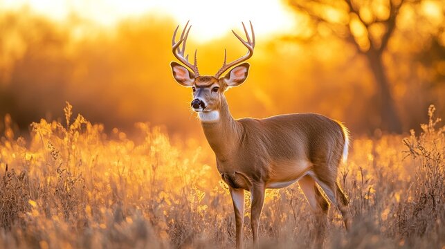 A white-tailed deer buck stands against the setting sun in a Baku field.