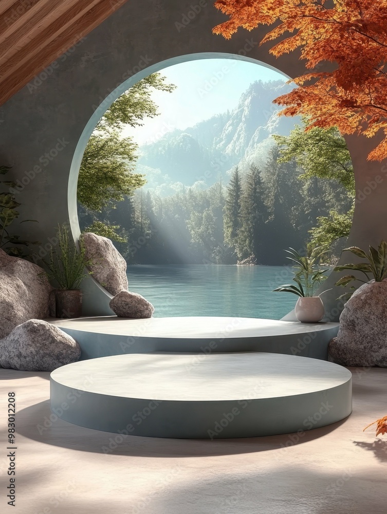 Poster a peaceful writing retreat in a cabin setting in 3d rendered minimalist style with empty circle podi