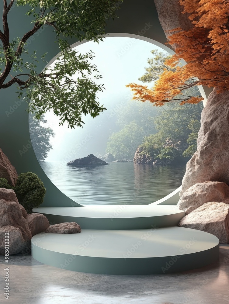 Poster a peaceful writing retreat in a cabin setting in 3d rendered minimalist style with empty circle podi