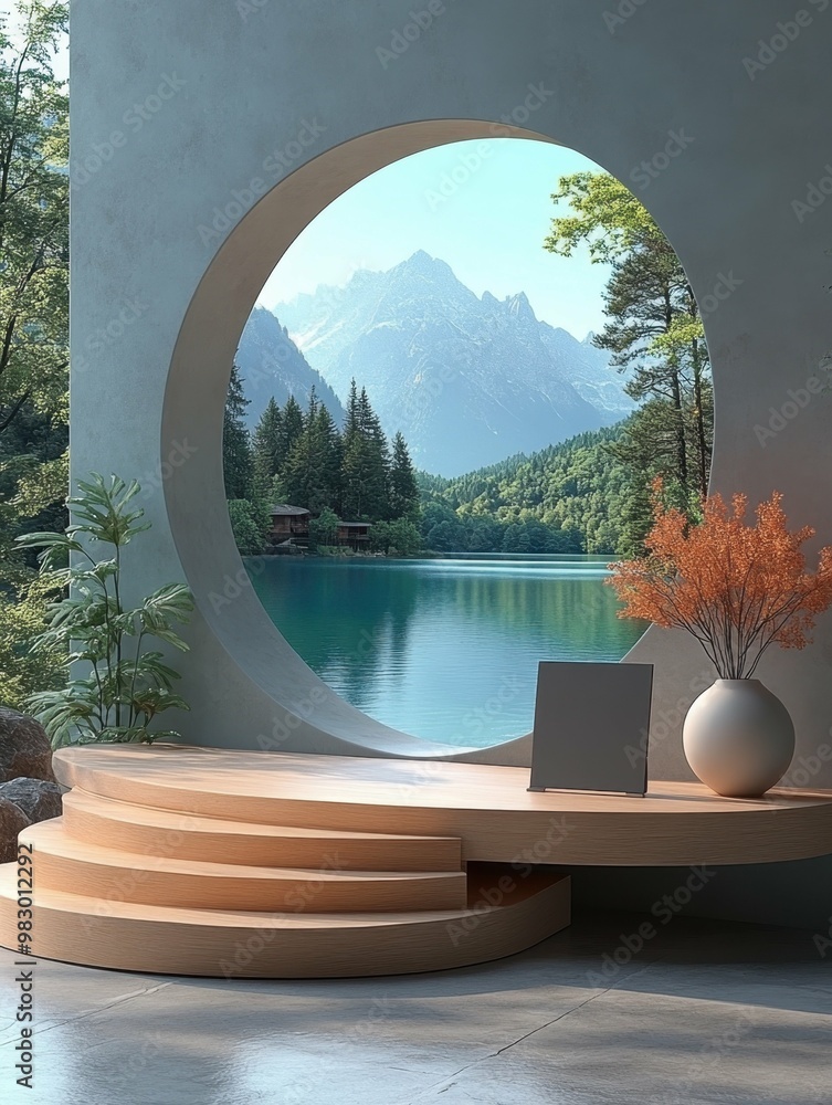 Poster a peaceful writing retreat in a cabin setting in 3d rendered minimalist style with empty circle podi