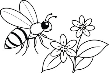 Sweet Nectar Gathering Bee in Blooming Flowers Vector Art for Kids
