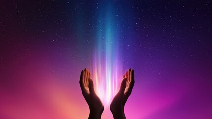 Naklejka premium A beautiful display of light emanates from open hands against a vibrant cosmic background, symbolizing hope and positive energy.