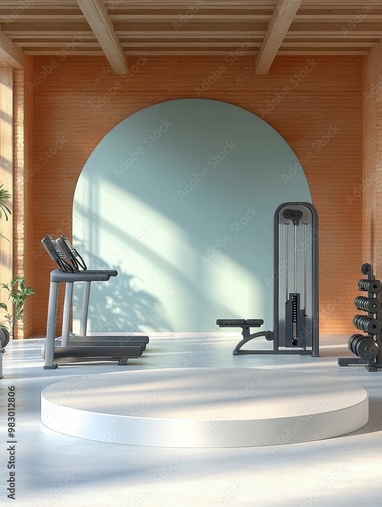 Poster minimalist home gym with exercise equipment in 3d rendered minimalist style with empty circle podium