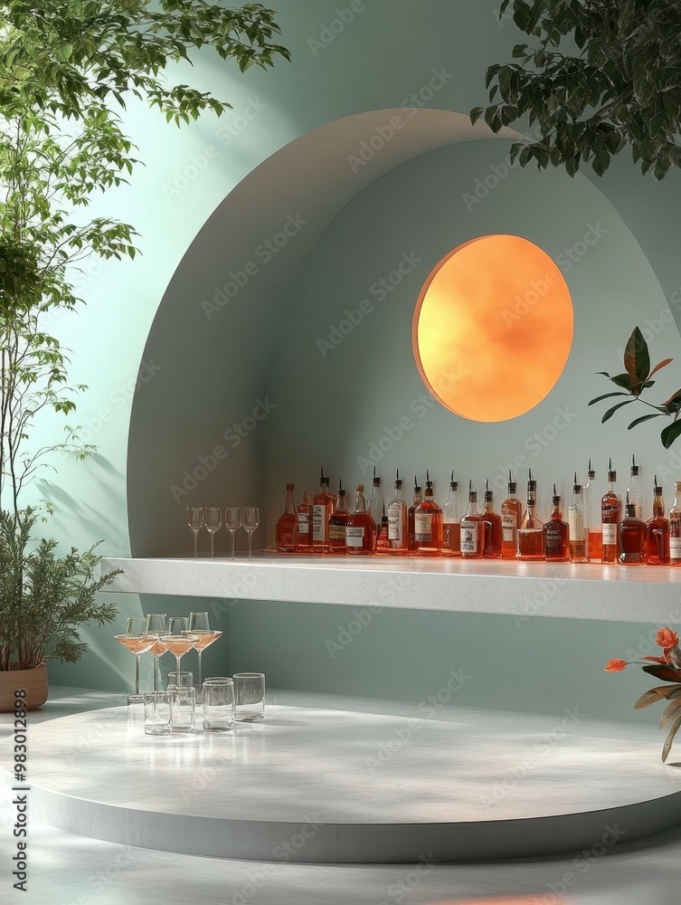 Aufkleber minimalist bar with cocktail glasses and bottles in 3d rendered minimalist style with empty circle p