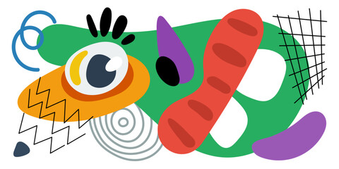 Abstract surreal biomorphic naive graphic shapes collage banner. Modern trendy flowing biomorphic whimsical free forms crazy doodle print. Decorative y2k style artistic placard. Psychedelic artwork