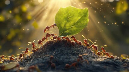 Ants work together to carry leaves back to their nest. The sunlight shines on them as they carry the leaves. This shows how teamwork can get things done.