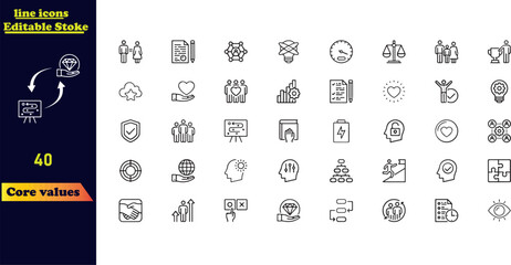 Editable stroke icon set for core values, featuring icons for honesty, stakeholders, integrity, target purpose, and strategy. Core values line icons for business and network.