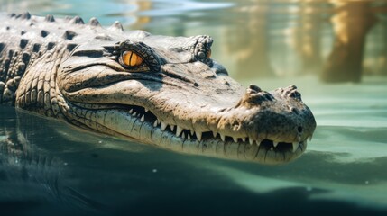 Obraz premium A dramatic close-up of a crocodile swimming in clear water, its golden eye piercing through the serene surface with a sense of lurking power.
