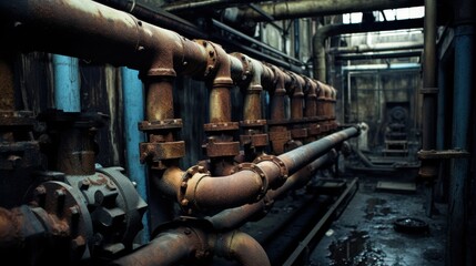 A corridor of old, weathered pipes in an industrial setting evokes a sense of history and the raw, gritty beauty of aged urban infrastructure.