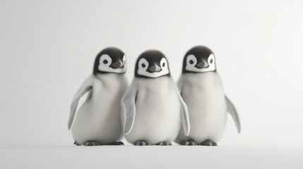 Baby penguins are shown against a plain white backdrop.