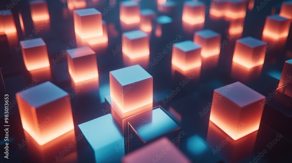 Poster a grid of floating 3d cubes, each one glowing softly from within.
