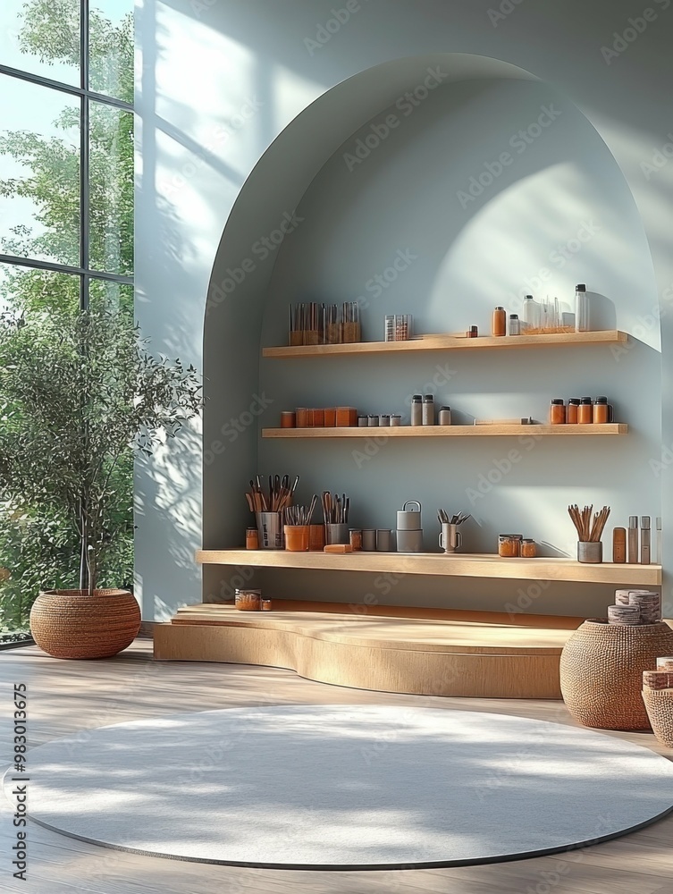 Poster crafting area with supplies and tools in 3d rendered minimalist style with empty circle podium