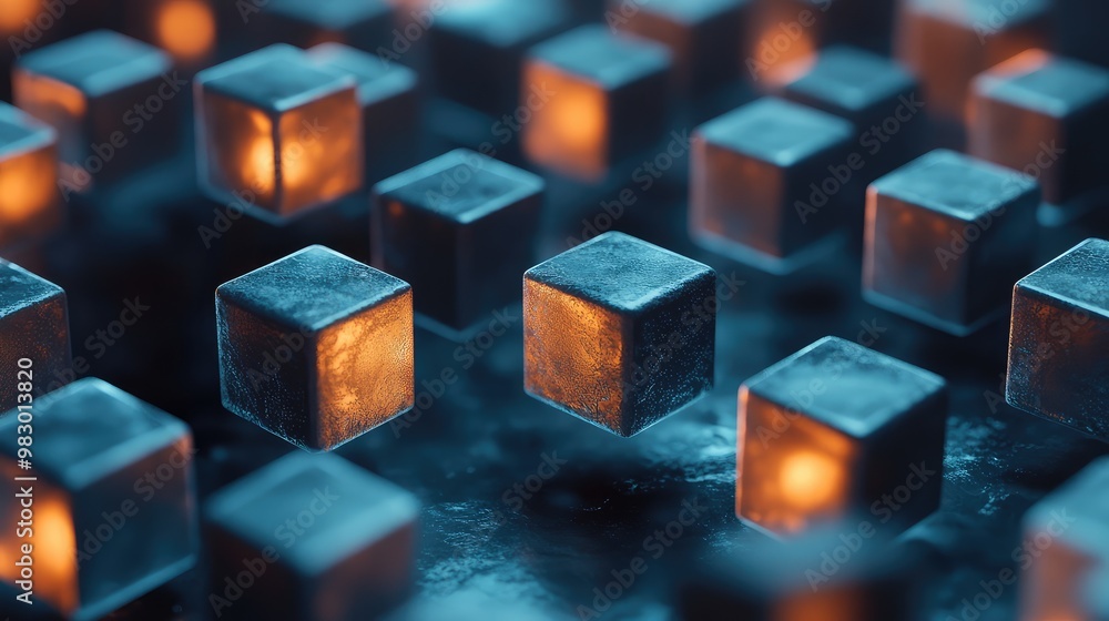Poster a grid of floating 3d cubes, each one glowing softly from within.