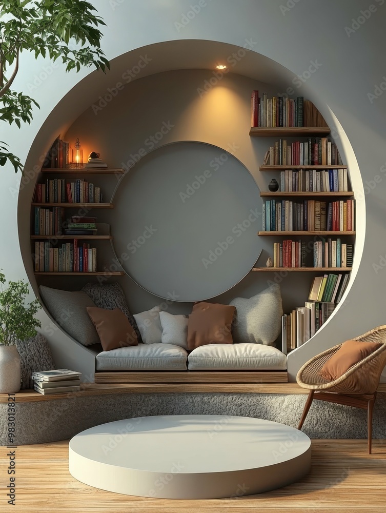 Poster soft cushions relaxing. cozy reading nook with circular bookshelf and comfortable sofa in modern liv