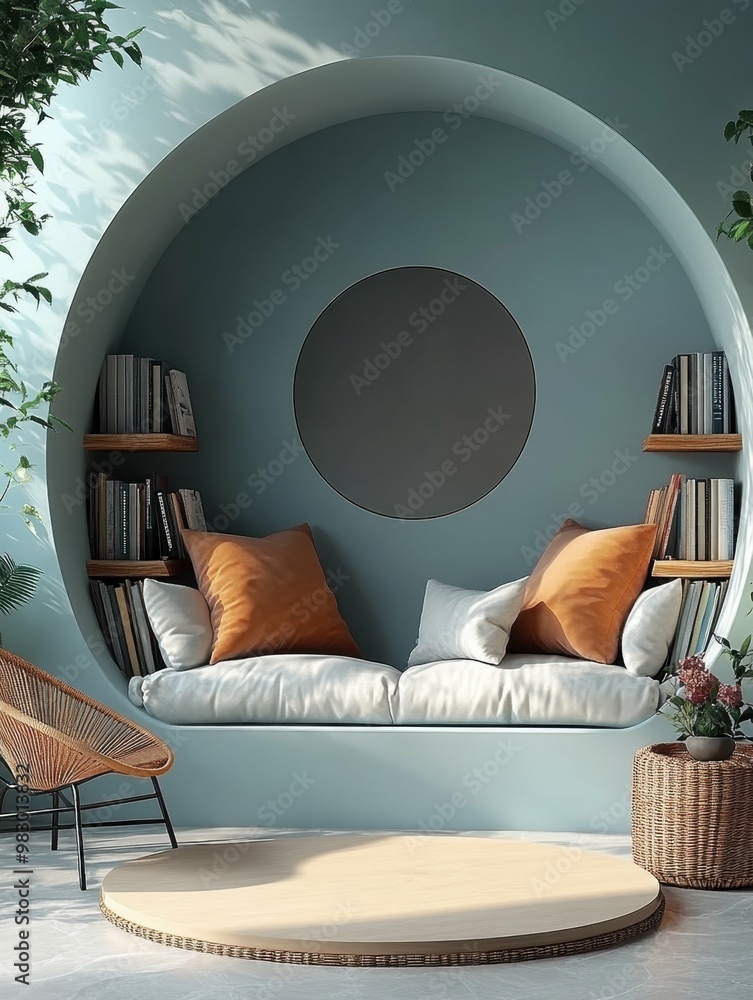 Poster soft warm blankets. cozy reading nook with circular built-in bookshelf and soft cushions, modern int