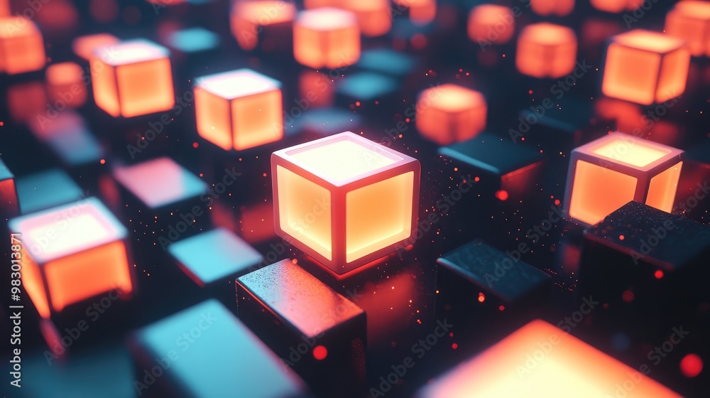 Poster a grid of floating 3d cubes, each one glowing softly from within.