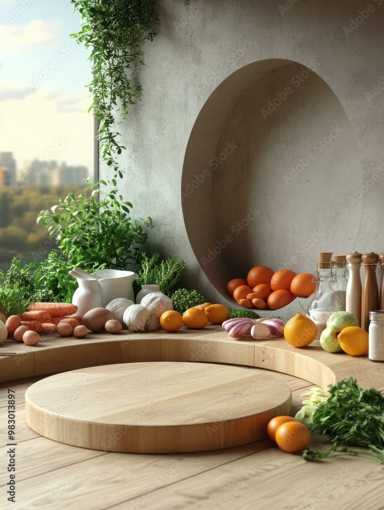 Poster cooking class setup with ingredients and utensils in 3d rendered minimalist style with empty circle 