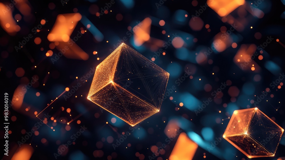 Poster a grid of floating 3d polygons, with each polygon softly glowing from within.