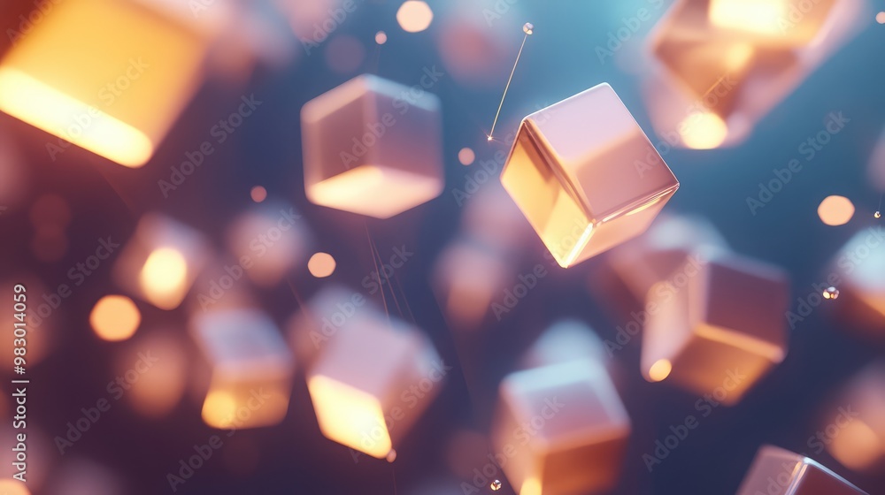 Poster a grid of floating 3d polygons, with each polygon softly glowing from within.