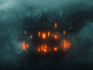 A dark, eerie mansion is illuminated by flickering orange lights, surrounded by thick fog, creating a haunting atmosphere.