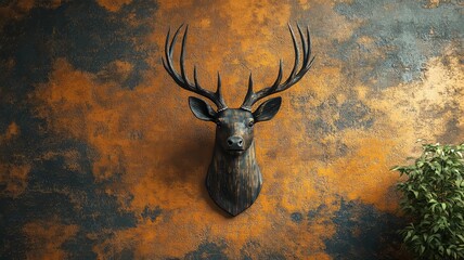 Wooden Deer Head Trophy on Rustic Wall