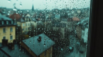 Close-up view of raindrops falling on a window. You can see a rainy street and town from inside a home.