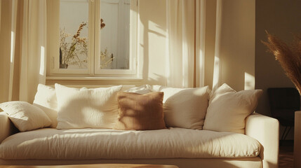 Fototapeta premium A cozy living room adorned with soft beige cushions and a light cream sofa, bathed in natural sunlight