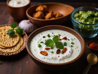 Authentic Indian raita garnished with fresh herbs, spices, and flavorful ingredients.