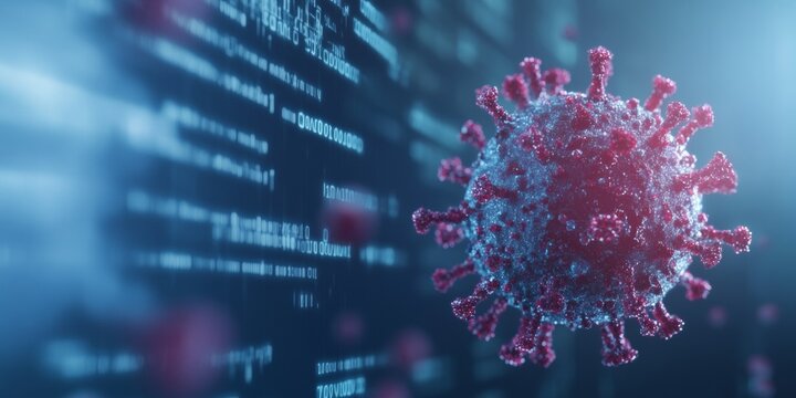 Covid-19 Virus Particles with Digital Code Highlighting Technology Impact on Society - Modern Life in the Digital Age
