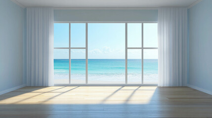 Obraz premium An empty living room with a bright and large window with a light blue ocean view