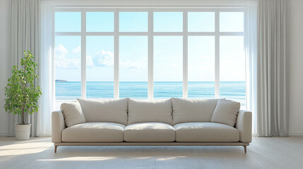 An empty living room with a comfortable and modern sofa in a light beige color in front of a bright window with a light blue ocean view
