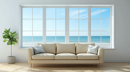 Fototapeta premium An empty living room with a comfortable and modern sofa in a light beige color in front of a bright window with a light blue ocean view